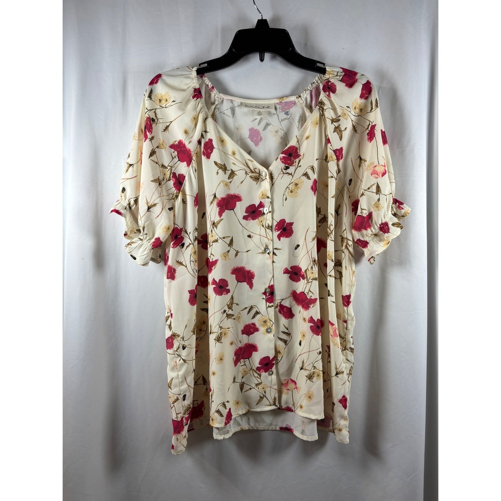 Emaline Womens Floral Poppy Button Front Blouse Cream Red Short Sleeve Size M